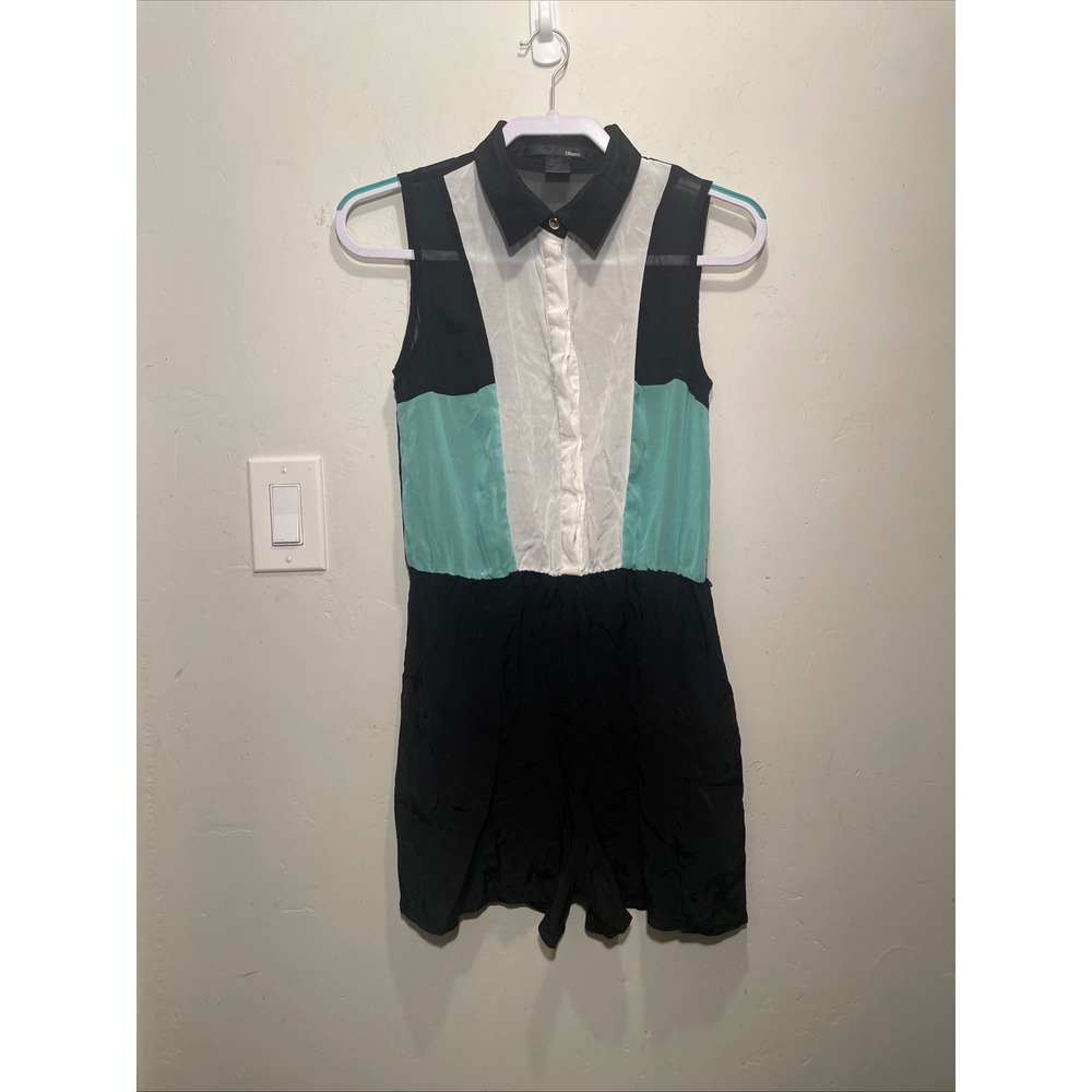 Ellison Womens Colorblock Sleeveless Romper Sheer Mesh Back Black Teal Small